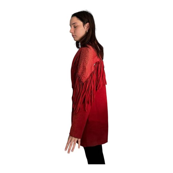 Vintage 1980s Avanti Red Suede Western Fringe Frontier Leather Coat medium - Picture 8 of 16